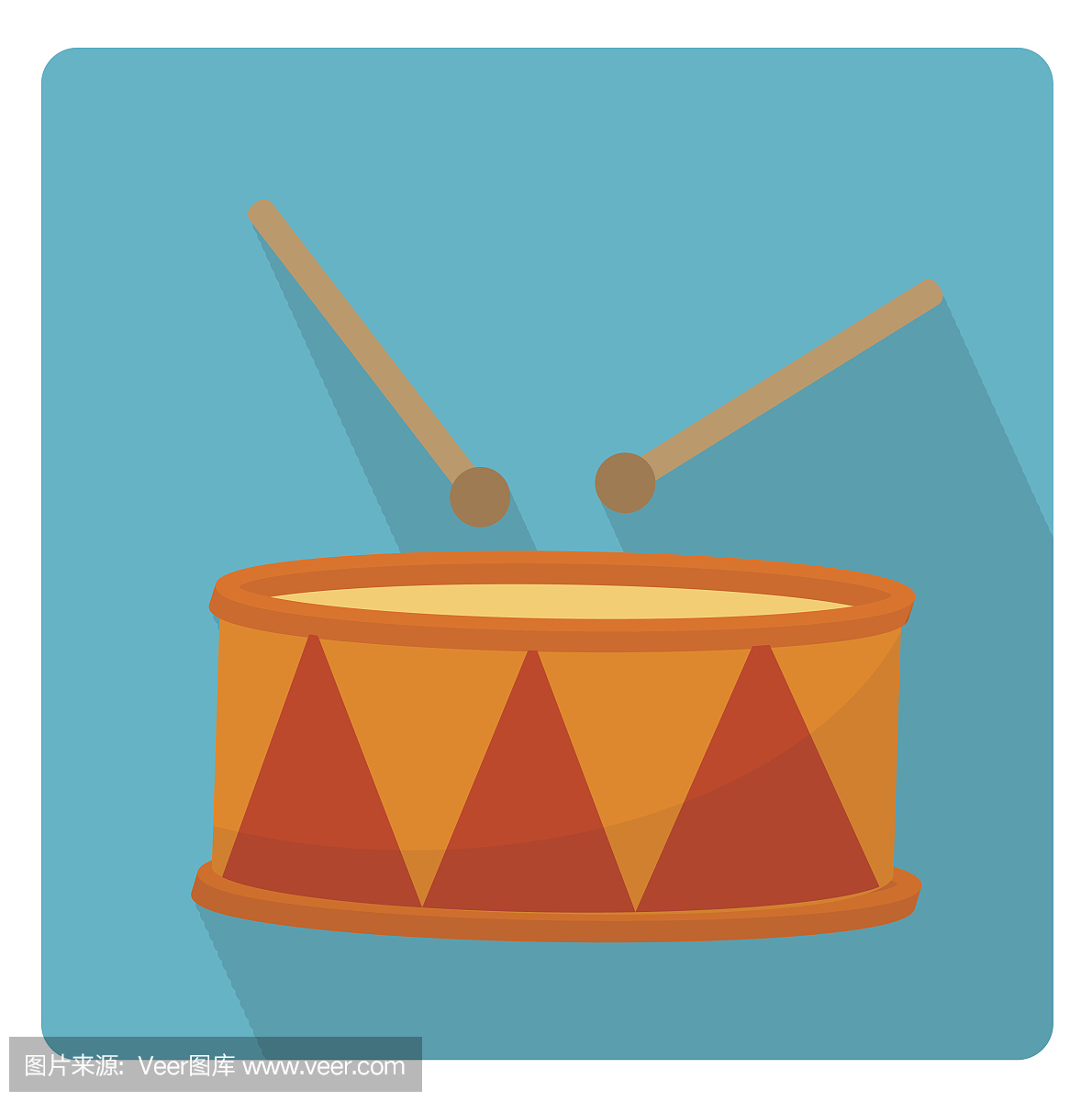 鼓是一种乐器图标样式,带有长长的阴影,孤立在白色背景上。矢量插图。